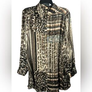Chico's‎ Leopard Print Gold Accents Semi Sheer Button Down Tunic Sz1 (M)